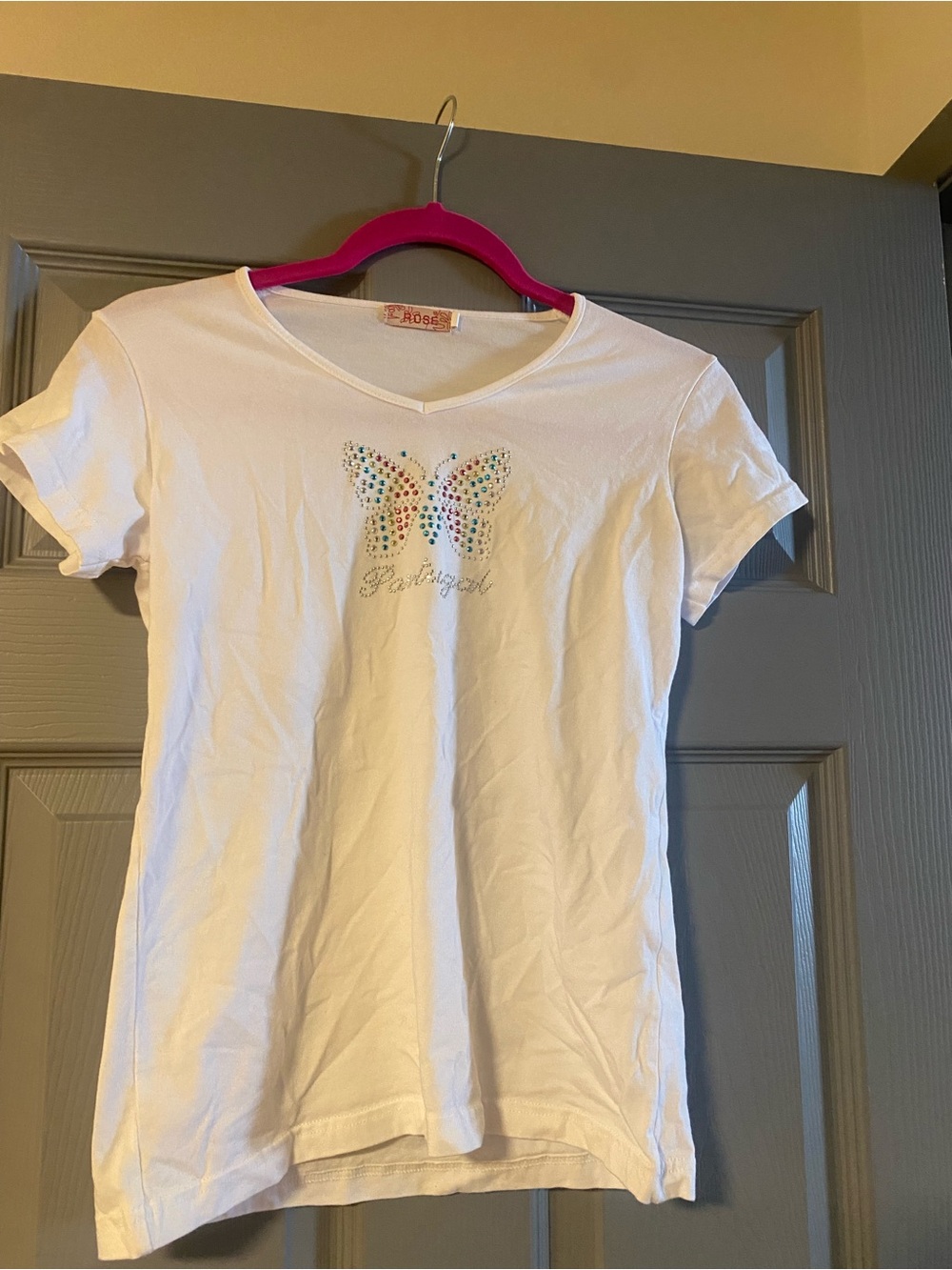 White Butterfly Rhinestone Portugal V-Neck Baby Tee M